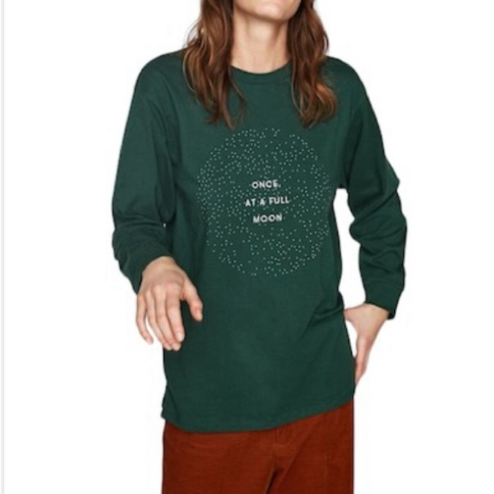Zara Womens Beaded T Shirt Long Sleeve Tee‎ Top Once at a Full Moon Small Green
